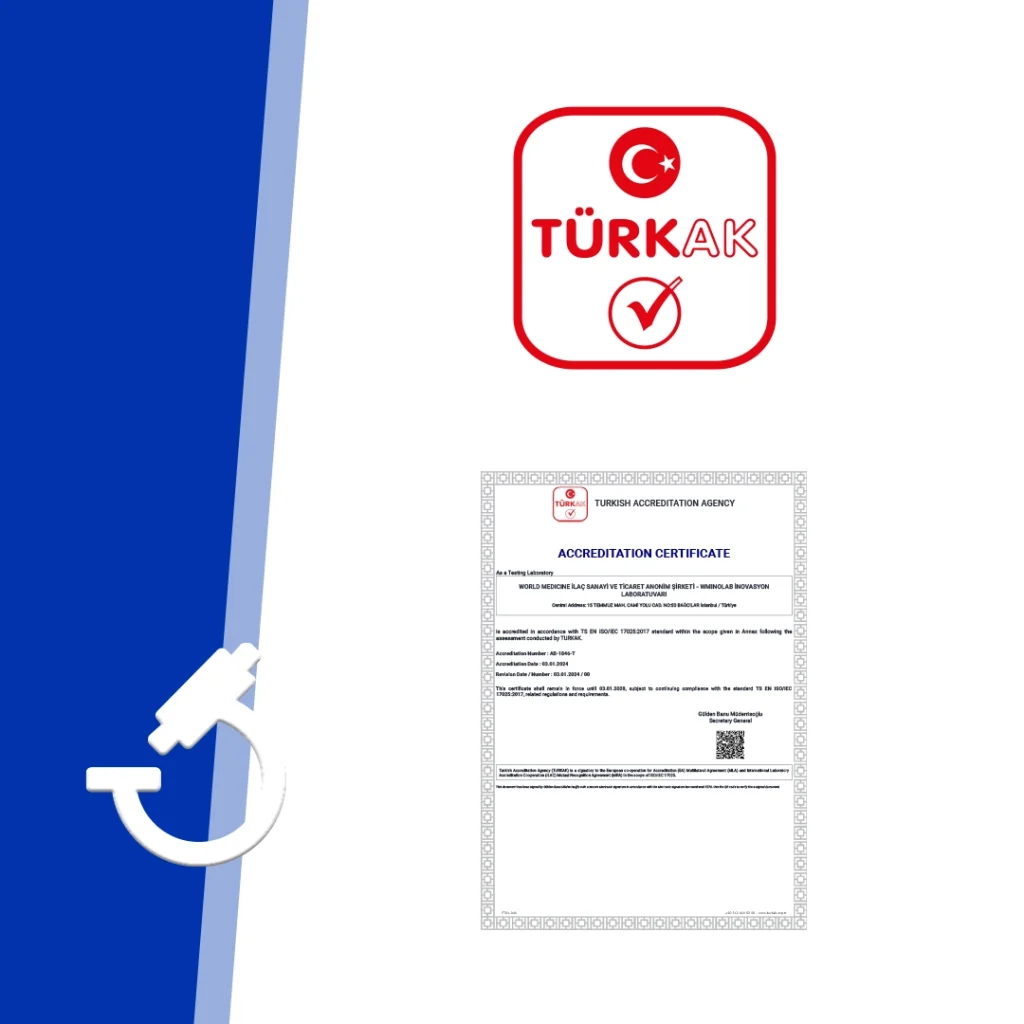 WMINOLAB, Kritik İlaç Analizlerinde TÜRKAK Tarafından Akredite Edildi 5 WMINOLAB İnovasyon Laboratuvarı’nın Türk Akreditasyon Kurumu (TÜRKAK) tarafından Extractable&Leachable, Nitrozamin Tayini, Elementel İmpürite Tayini spesifik ilaç analizleri kapsamında Türkiye’ de ilk test laboratuvarı olarak akredite edildiğini ve bu çalışmalar ile dünyada sayılı laboratuvarlar arasında yerimizi aldığımızı paylaşmaktan gurur duyuyoruz.